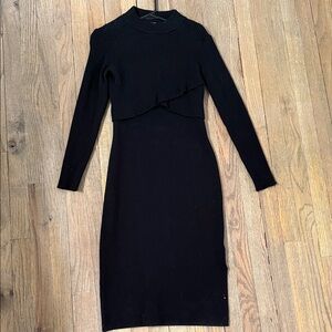 Joie Black Long Sleeve Midi Ribbed Overlay Dress
